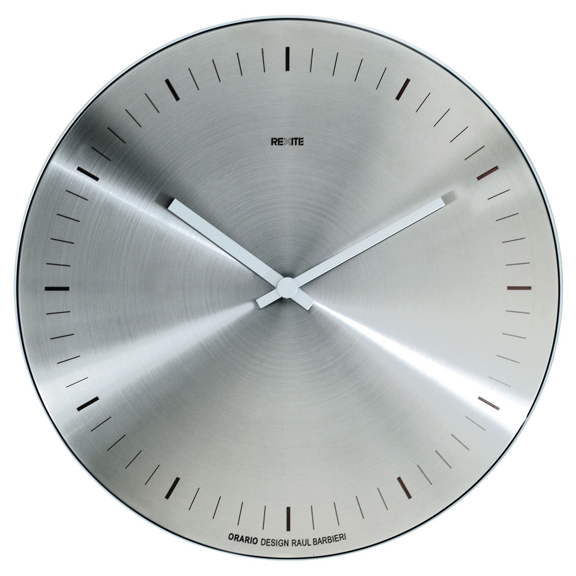 Edelstahl Wanduhr von Rexite, Modell Orario, ohne Ziffern, minimalistisches Design für moderne Wohnräume.